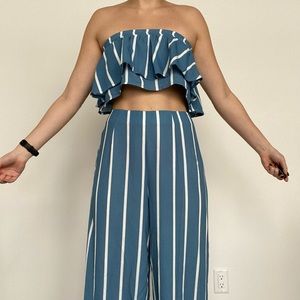 Blue and whit striped 2 piece set co-ord set strapless